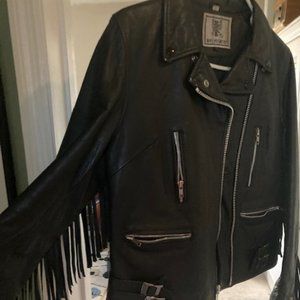 Vintage Black Leather Motorcycle Jacket w/ Fringe